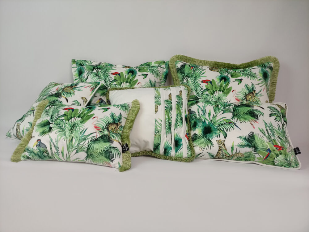 set of 6 velvet tropical cushions with fringe and piping 1 1