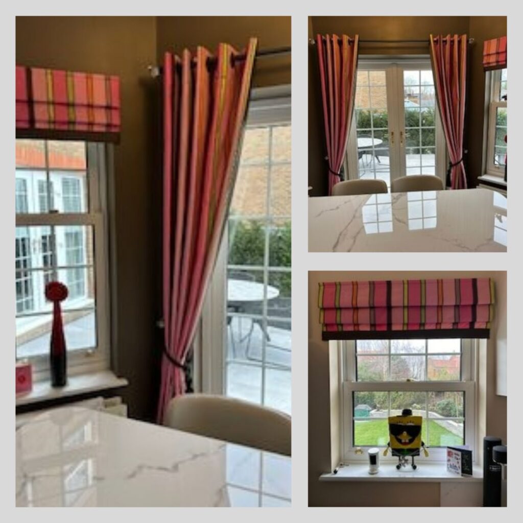Repaired Curtains and Blinds with Contrast Edge – Final Installation Installed repaired curtains and matching roman blinds with contrast border