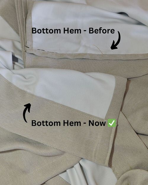 Curtain Hem – Before and After Alteration Curtain shortening before and after – bottom hem repair with improved stitching